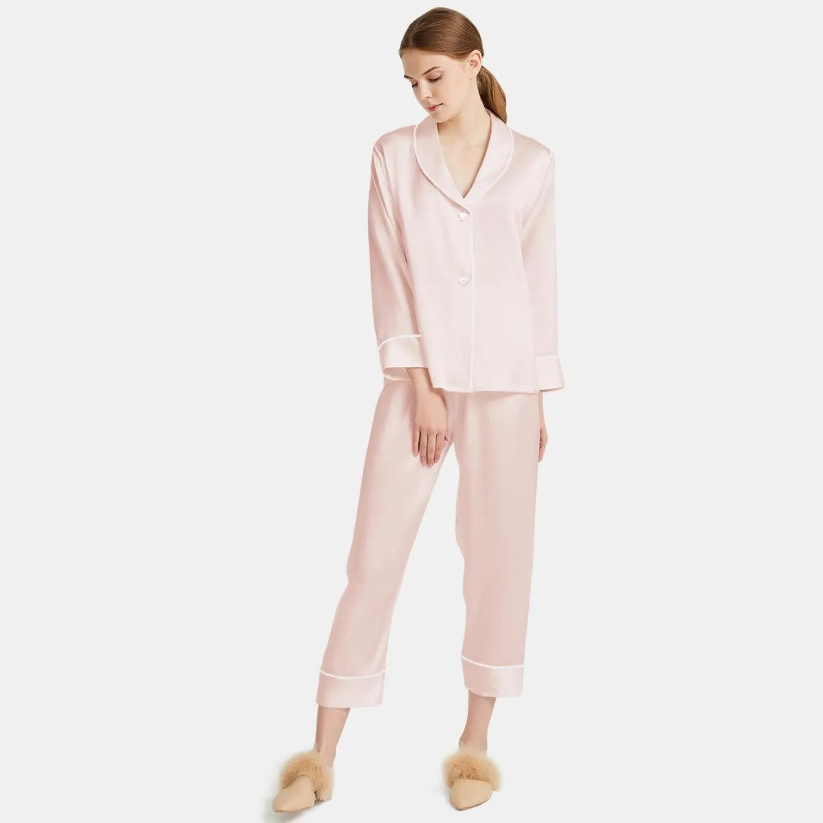 Women Silk Pajamas Long Sleeve Two-piece Sleepwear Pure Silk Pajama Set