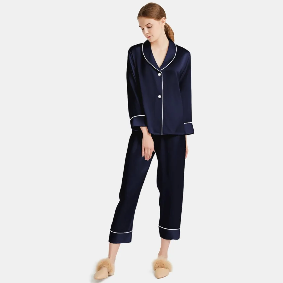 Women Silk Pajamas Long Sleeve Two-piece Sleepwear Pure Silk Pajama Set