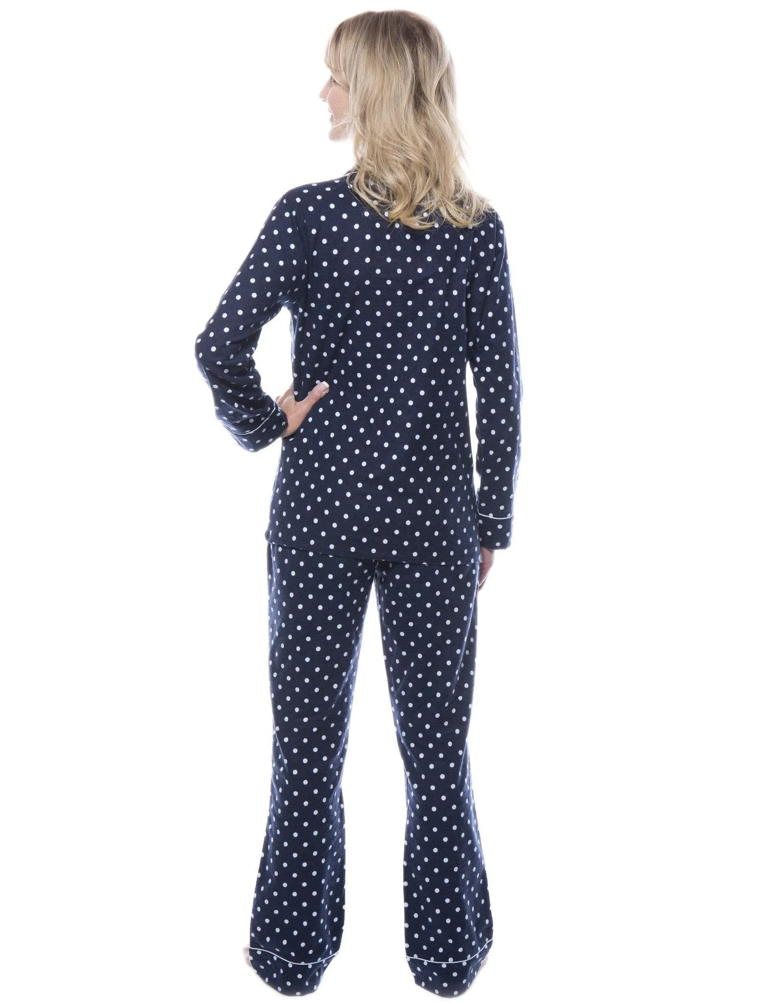 Women's 100% Cotton Flannel Pajama Sleepwear Set - Dots Diva Dark Blue/Light Blue