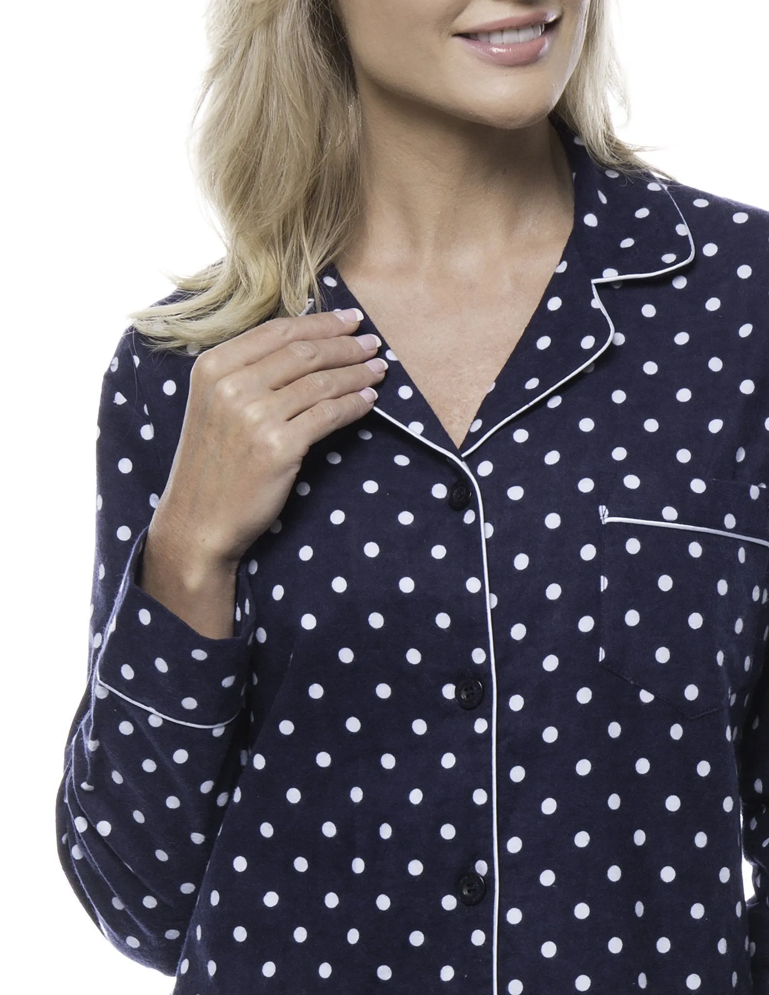 Women's 100% Cotton Flannel Pajama Sleepwear Set - Dots Diva Dark Blue/Light Blue