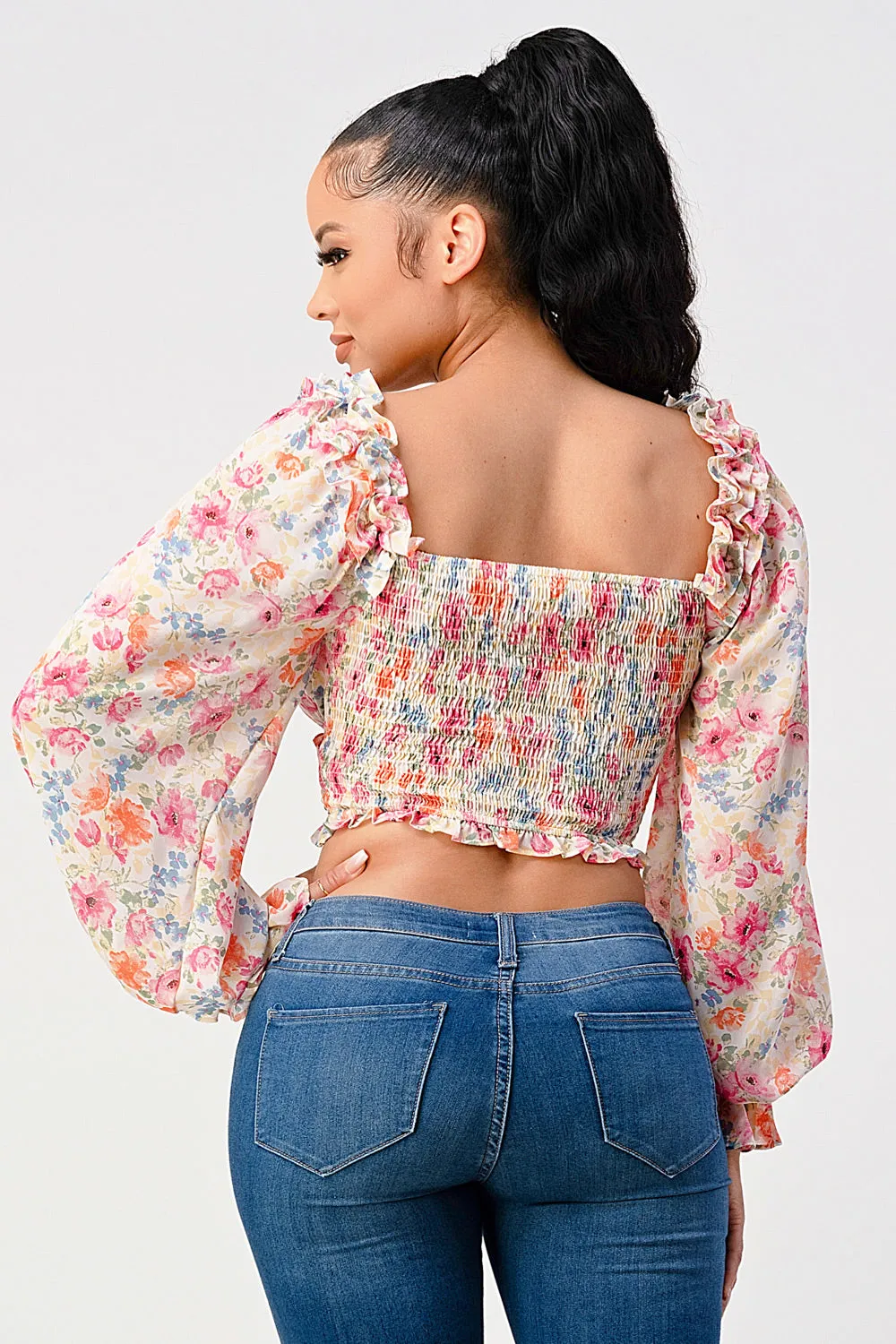 Women's Chic Floral Sweetheart Smocked Body Blouse Top