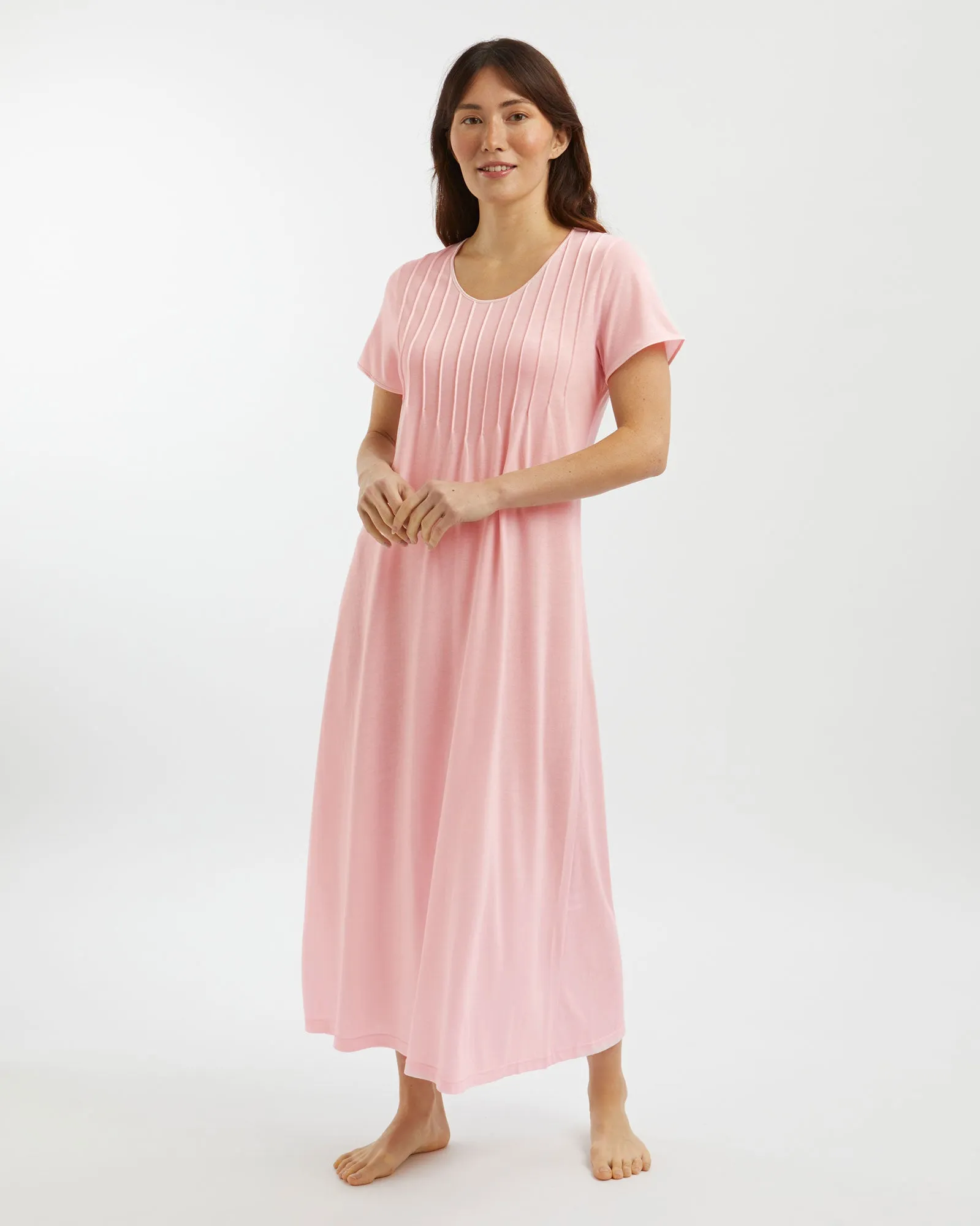 Women's French Pleat Short Sleeved Jersey Nightdress - Pink