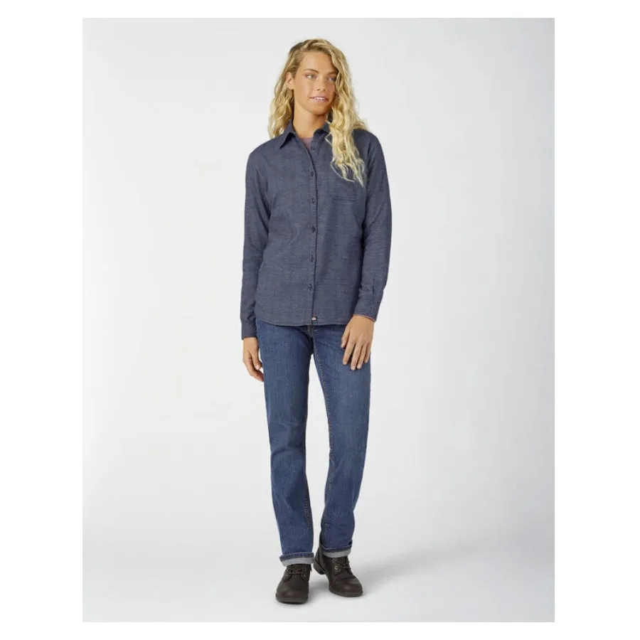 Women's Long Sleeve Plaid Flannel Work Shirt FL075 - Blue Herringbone