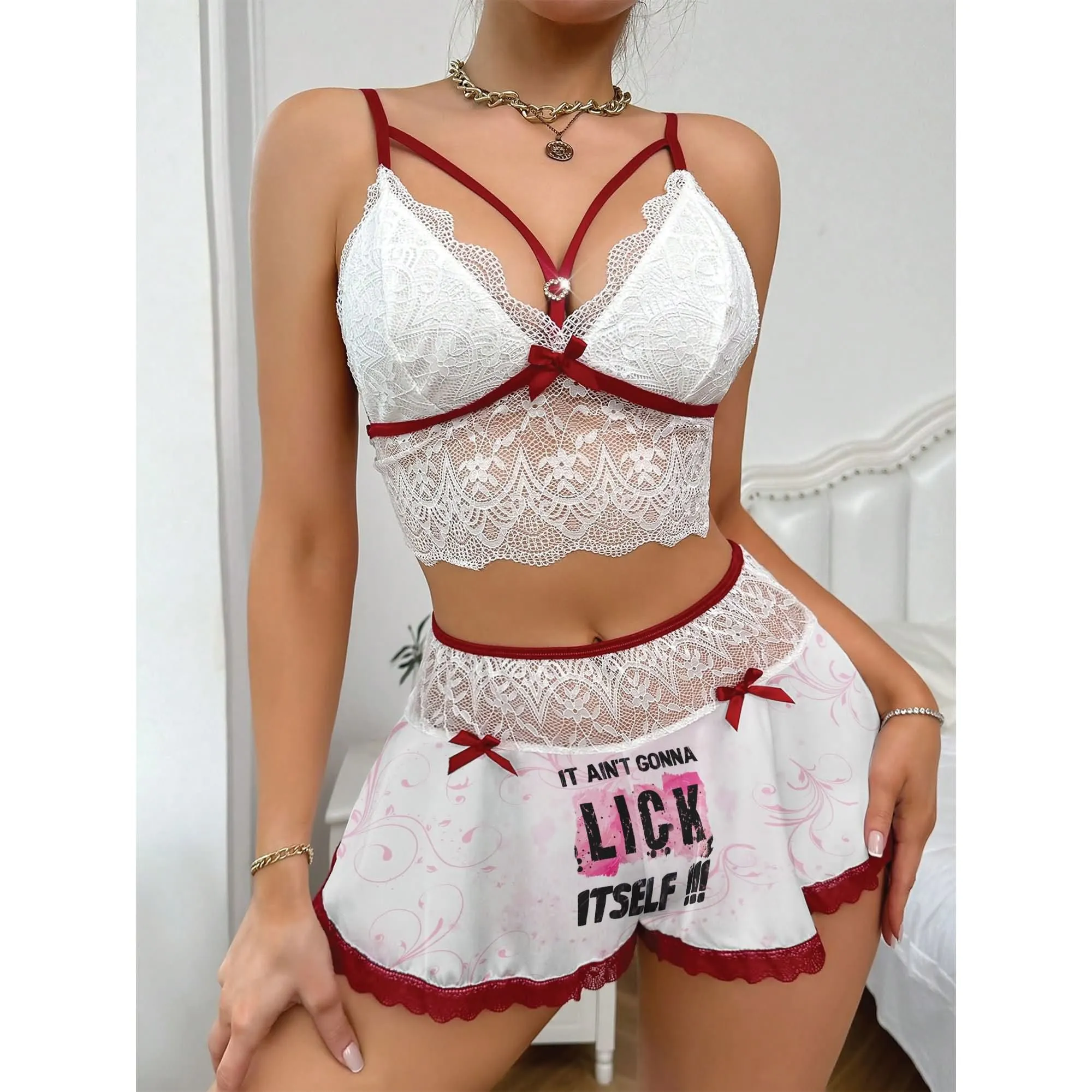 Women's Pajama Set, Naughty Lace Two Piece Nightwear Outfit