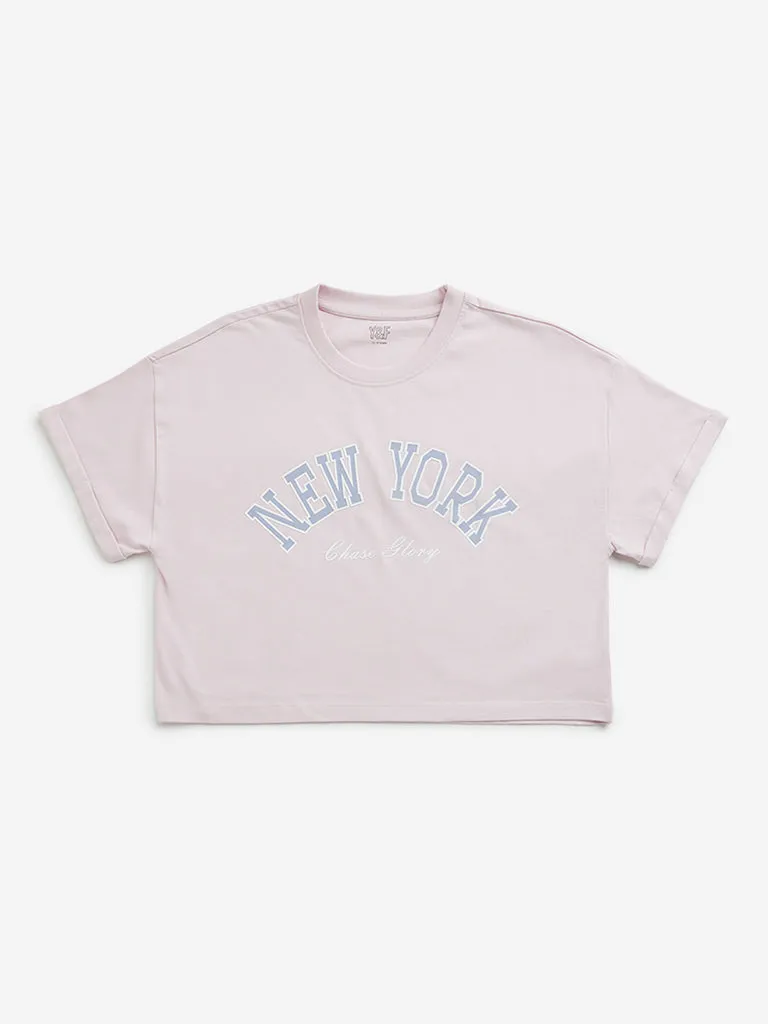 Y&F Kids Pink Text Design Cropped T-Shirt