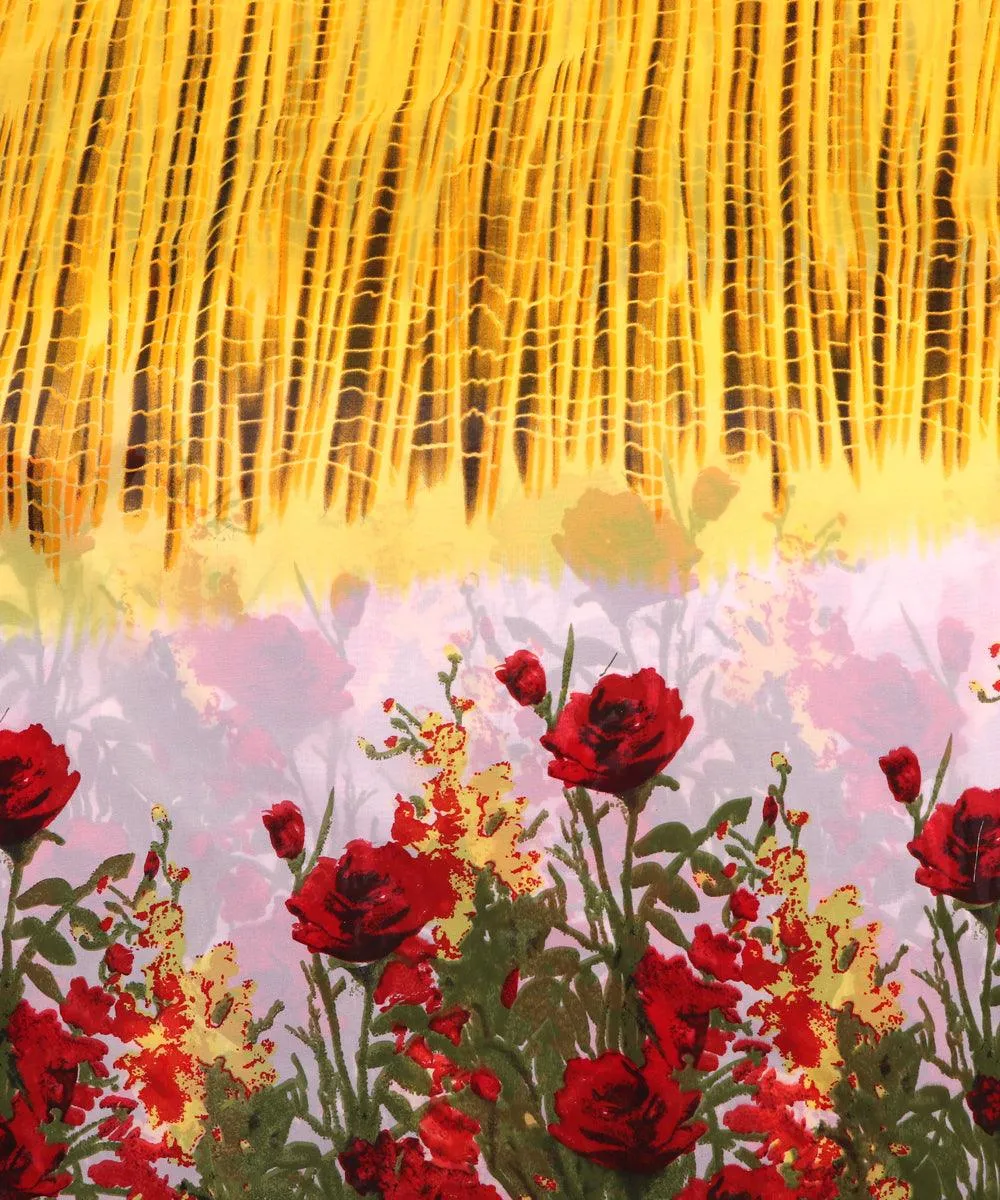 Yellow White Floral Print Georgette Fabric